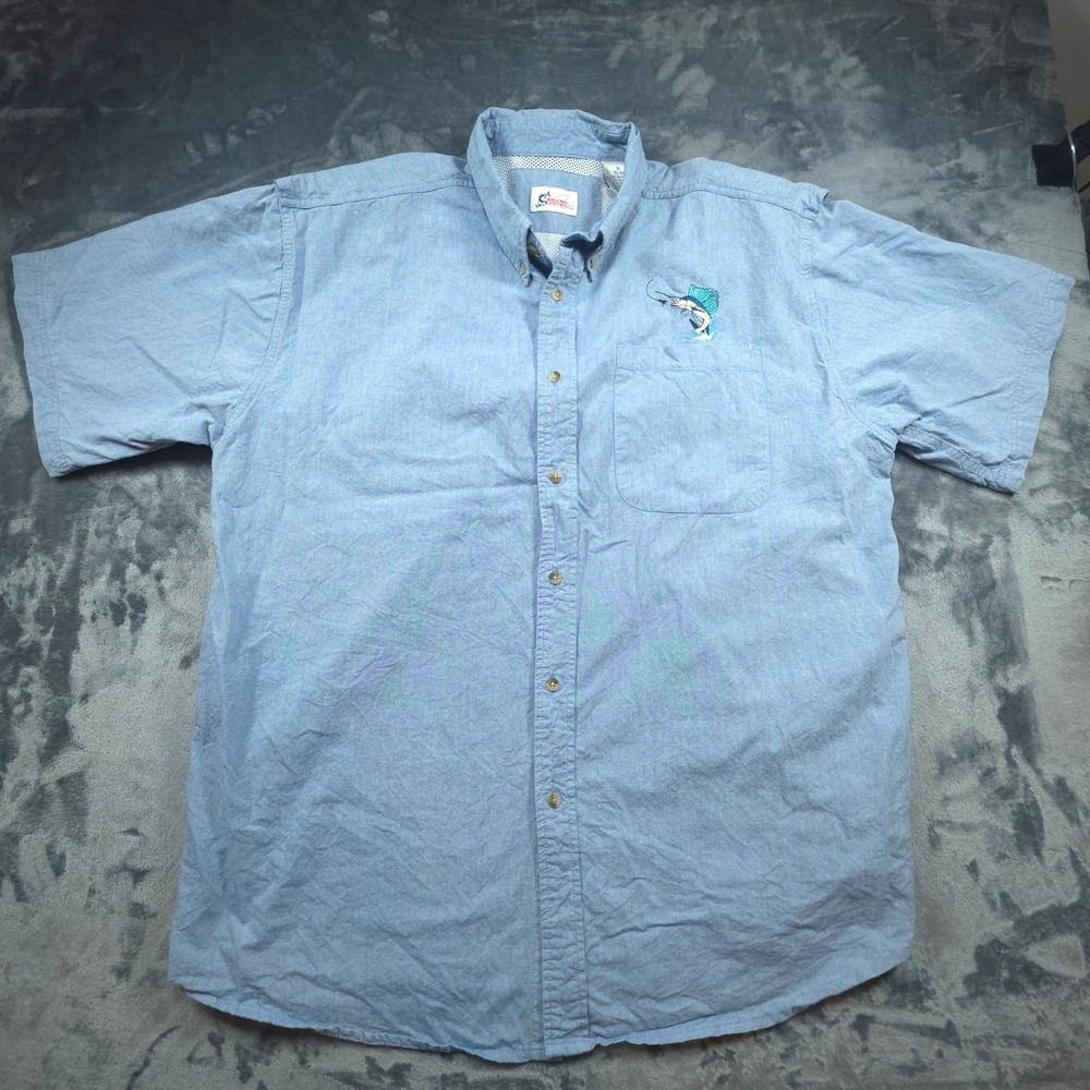 World Wide Sportsman Mens XL Blue Cotton Fishing Shirt Sailfish Short Sleeve